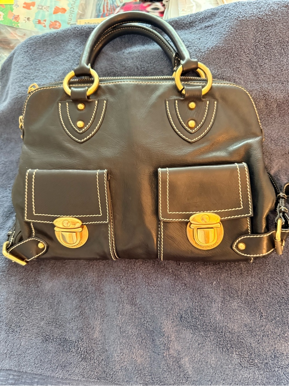 Marc Jacob’s Vintage Black Leather Satchel Handbag with Gold Hardware